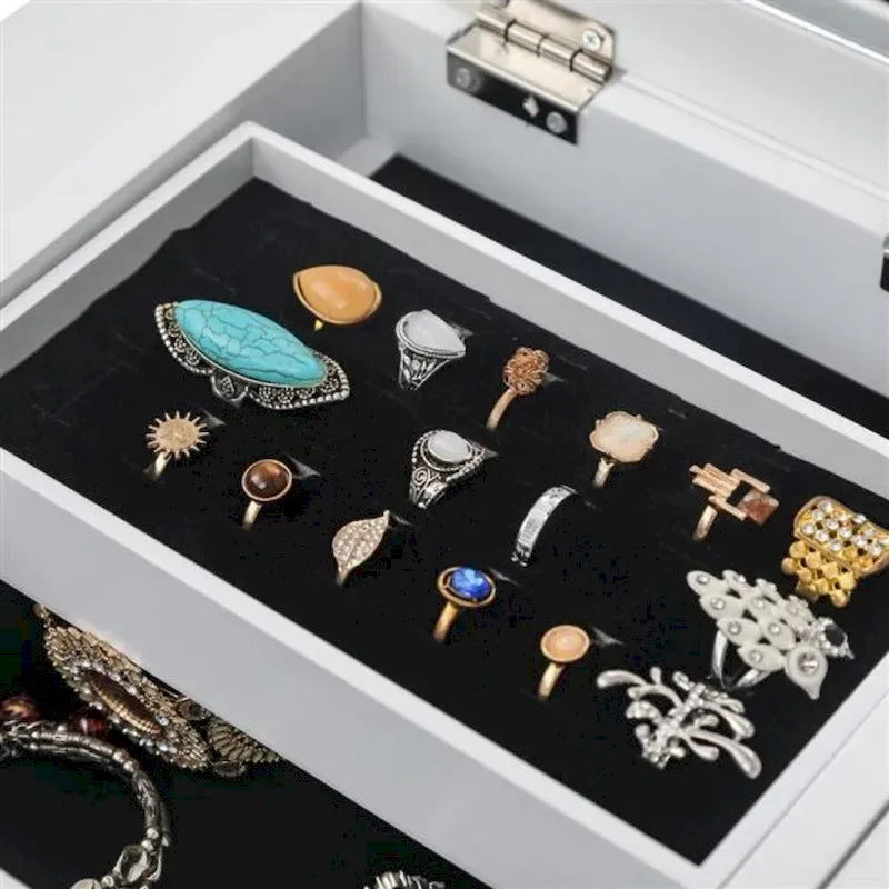 Armoire à bijoux sur pied avec miroir, 5 tiroirs et 14 crochets à collier, coffre à bijoux avec fente de rangement amovible pour bagues et