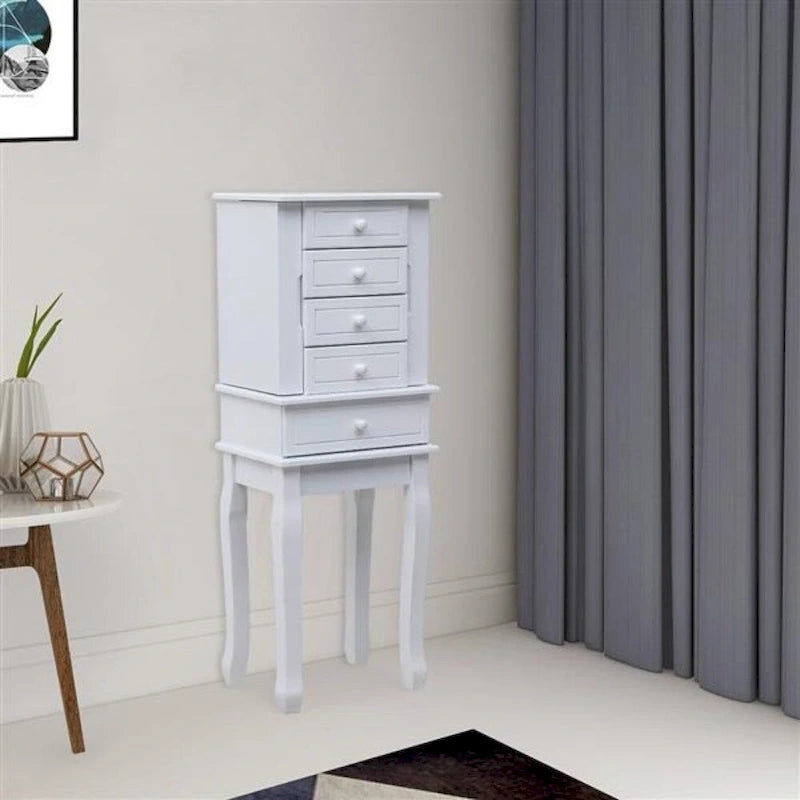 Armoire à bijoux sur pied avec miroir, 5 tiroirs et 14 crochets à collier, coffre à bijoux avec fente de rangement amovible pour bagues et