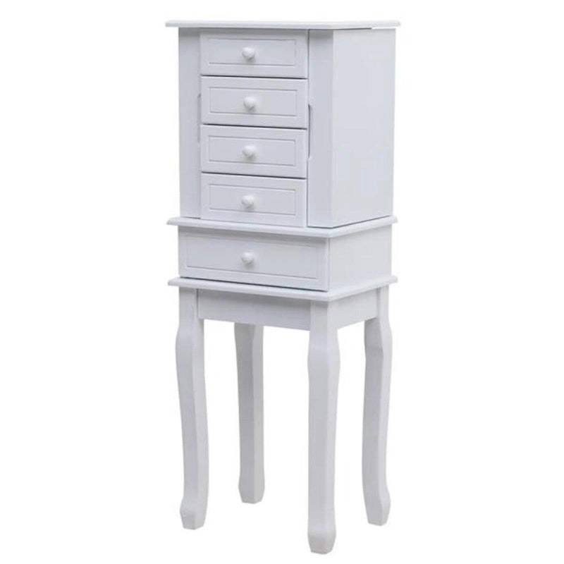 Armoire à bijoux sur pied avec miroir, 5 tiroirs et 14 crochets à collier, coffre à bijoux avec fente de rangement amovible pour bagues et