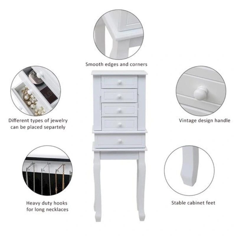 Armoire à bijoux sur pied avec miroir, 5 tiroirs et 14 crochets à collier, coffre à bijoux avec fente de rangement amovible pour bagues et