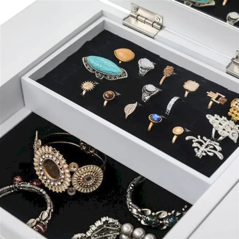 Armoire à bijoux sur pied avec miroir, 5 tiroirs et 14 crochets à collier, coffre à bijoux avec fente de rangement amovible pour bagues et