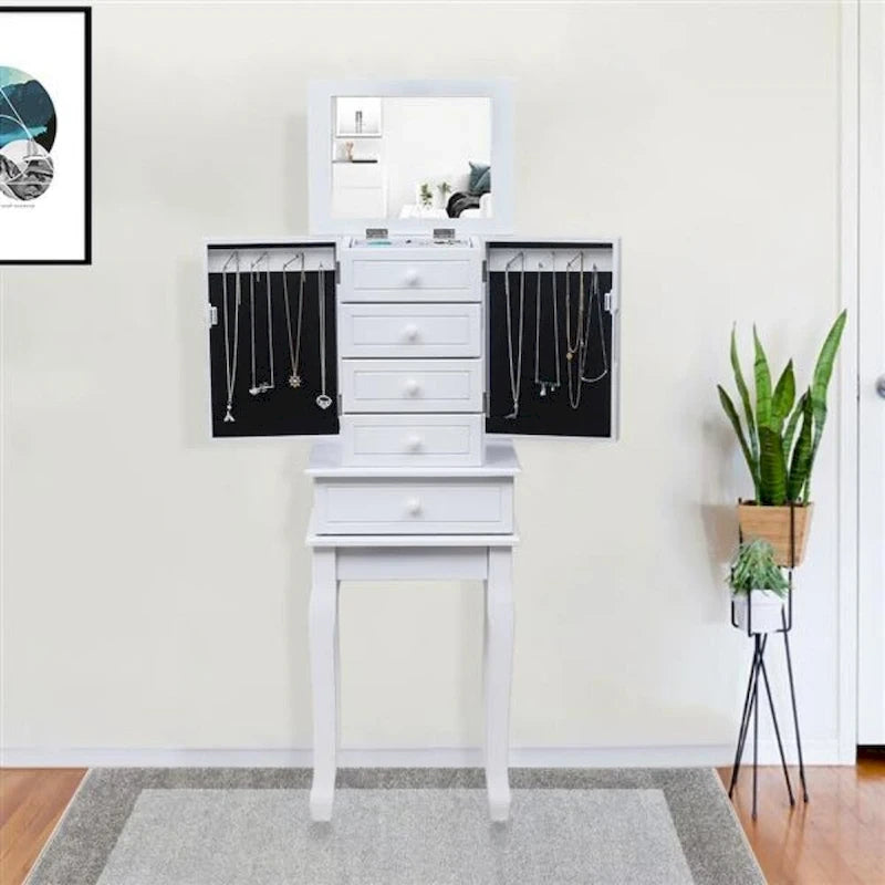 Armoire à bijoux sur pied avec miroir, 5 tiroirs et 14 crochets à collier, coffre à bijoux avec fente de rangement amovible pour bagues et