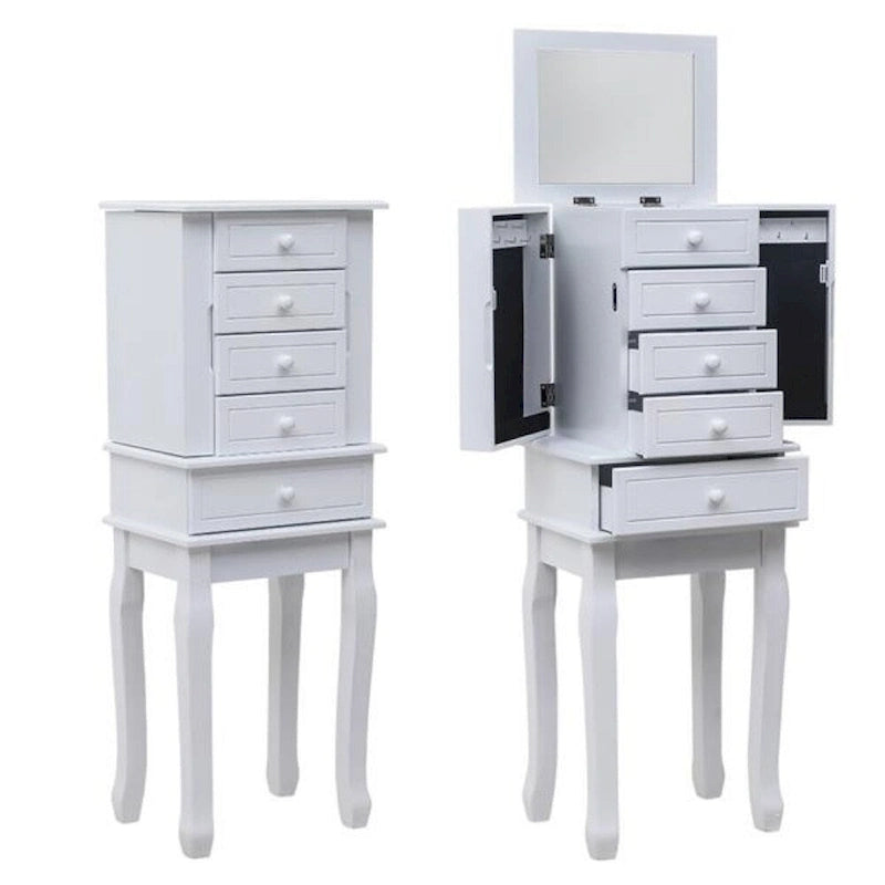 Armoire à bijoux sur pied avec miroir, 5 tiroirs et 14 crochets à collier, coffre à bijoux avec fente de rangement amovible pour bagues et