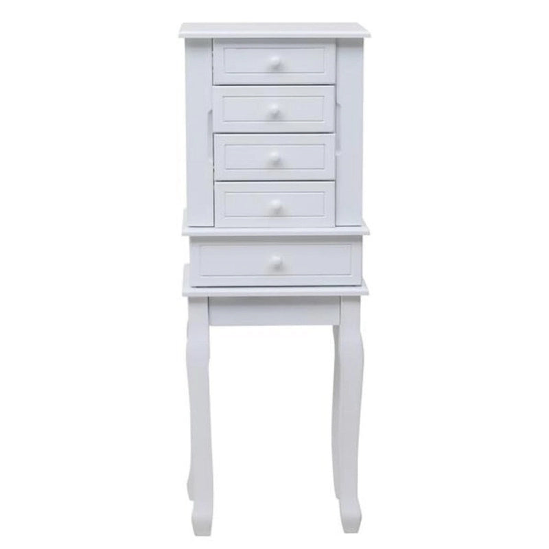 Armoire à bijoux sur pied avec miroir, 5 tiroirs et 14 crochets à collier, coffre à bijoux avec fente de rangement amovible pour bagues et