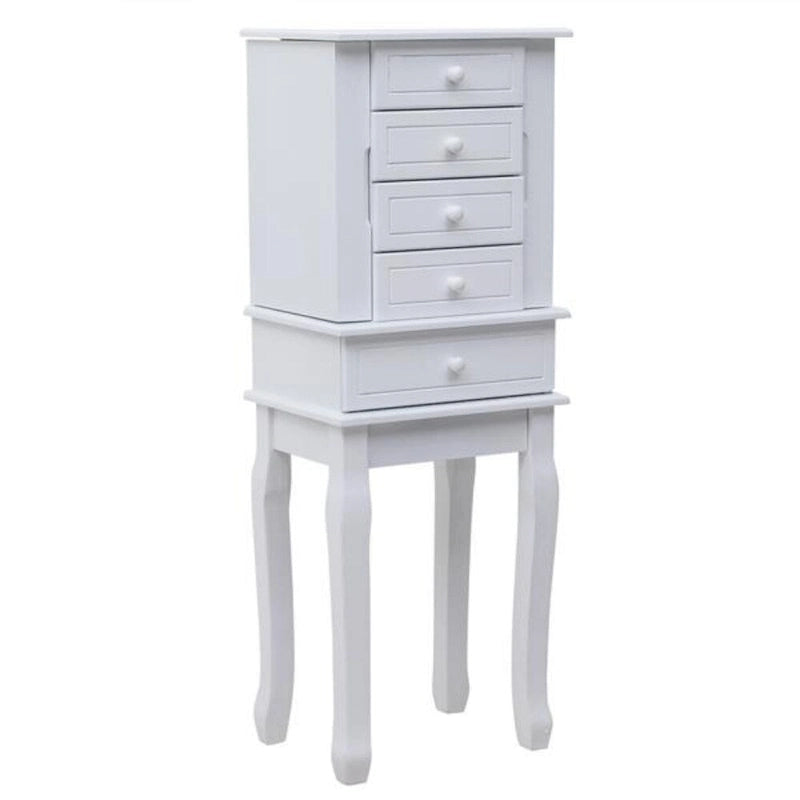 Armoire à bijoux sur pied avec miroir, 5 tiroirs et 14 crochets à collier, coffre à bijoux avec fente de rangement amovible pour bagues et