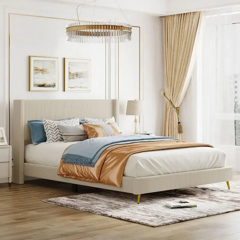 Lit plateforme Queen Size en velours côtelé avec pieds en métal