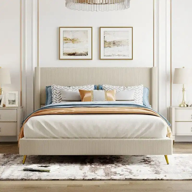 Lit plateforme Queen Size en velours côtelé avec pieds en métal