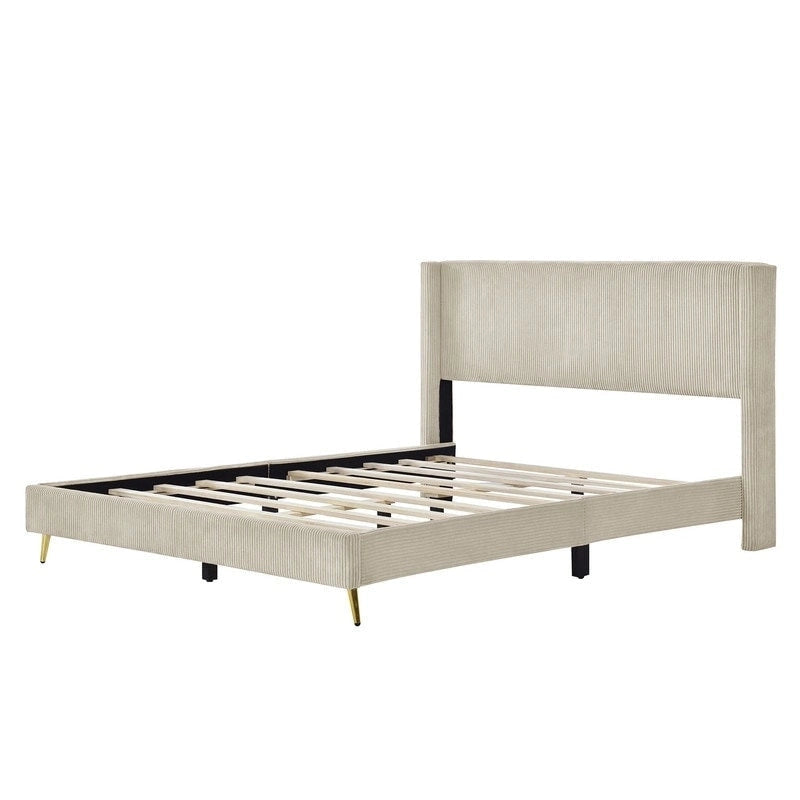 Lit plateforme Queen Size en velours côtelé avec pieds en métal