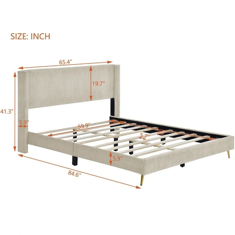 Lit plateforme Queen Size en velours côtelé avec pieds en métal