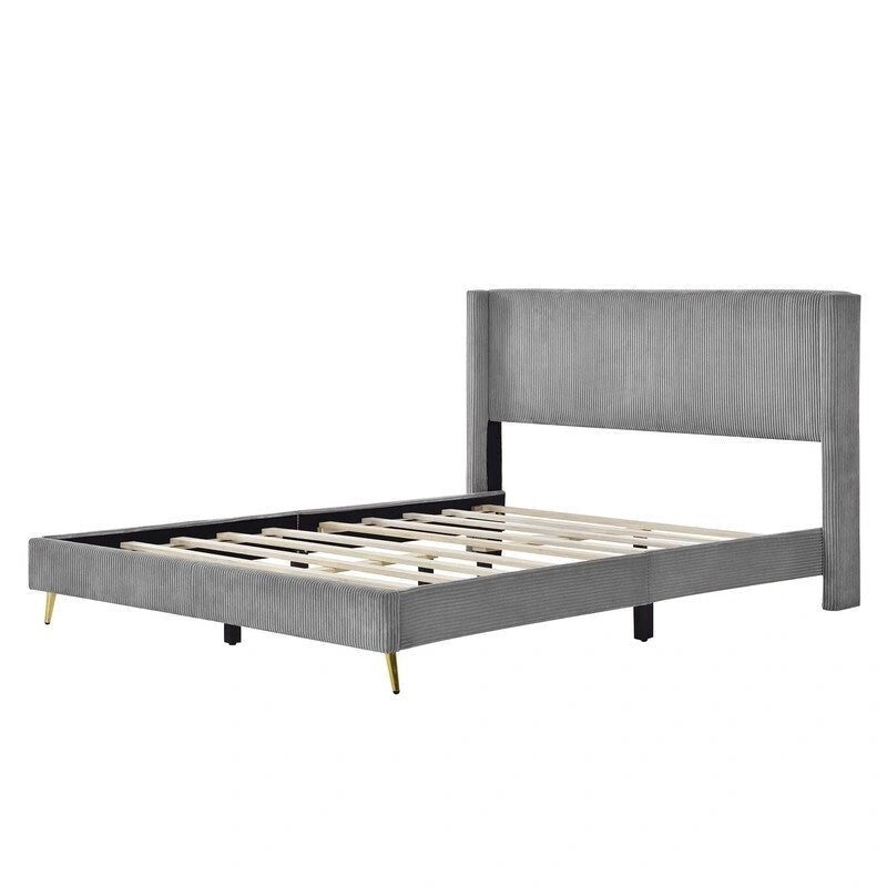 Lit plateforme Queen Size en velours côtelé avec pieds en métal