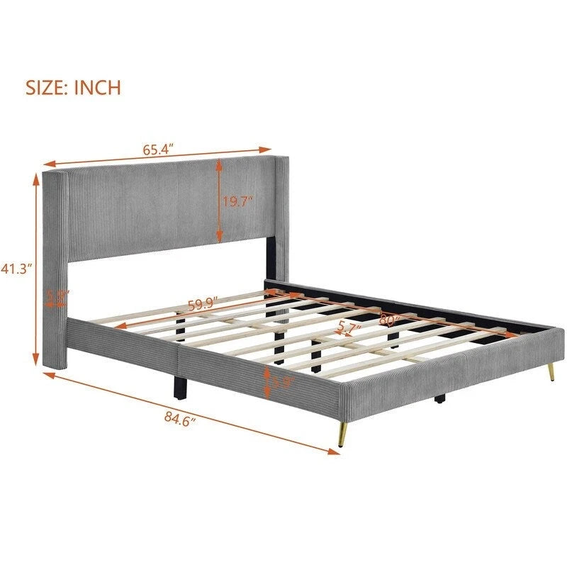 Lit plateforme Queen Size en velours côtelé avec pieds en métal