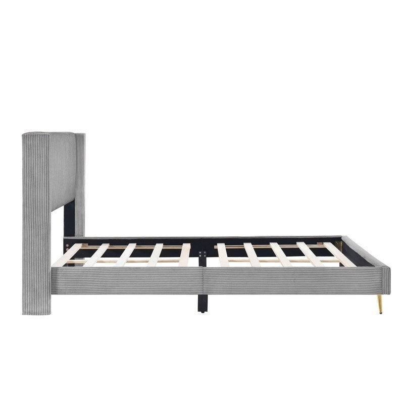 Lit plateforme Queen Size en velours côtelé avec pieds en métal