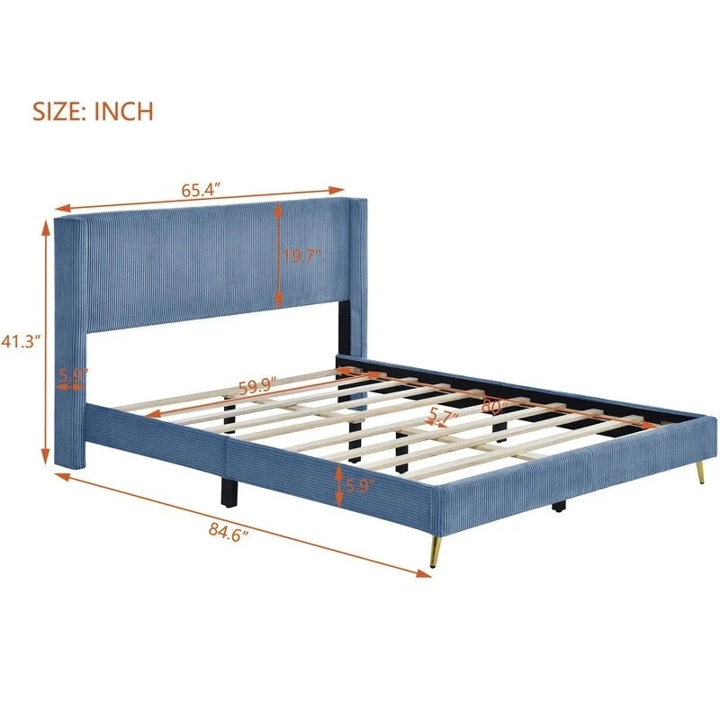 Lit plateforme Queen Size en velours côtelé avec pieds en métal