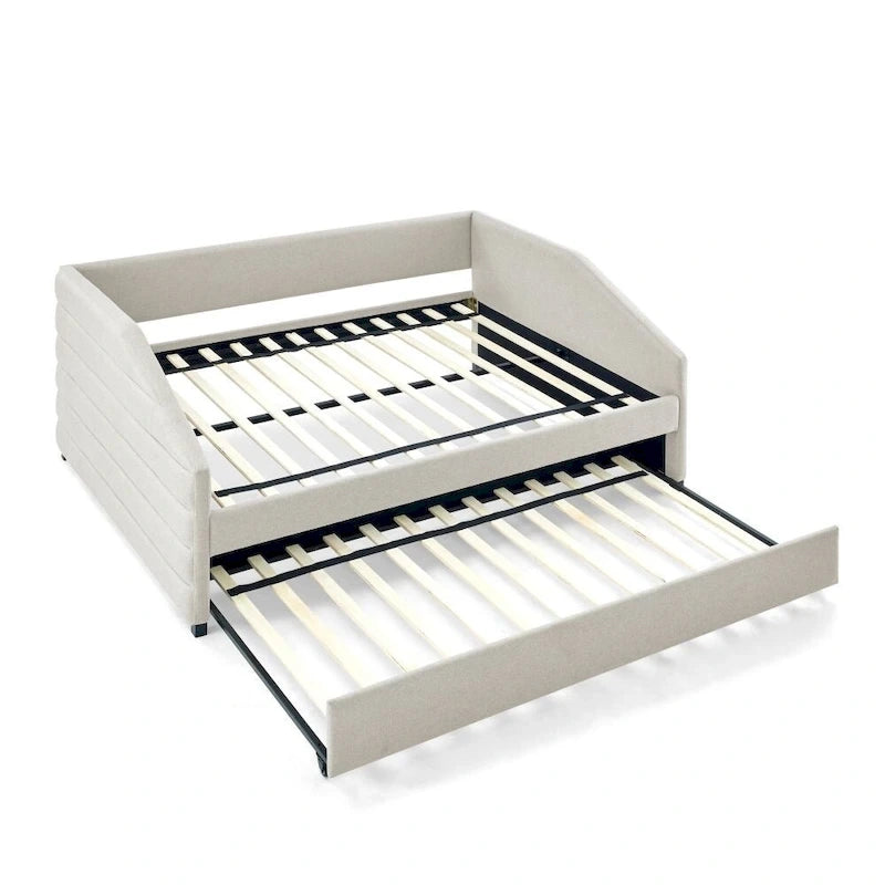 Lit de repos double avec lit gigogne, en tissu de lin capitonné
