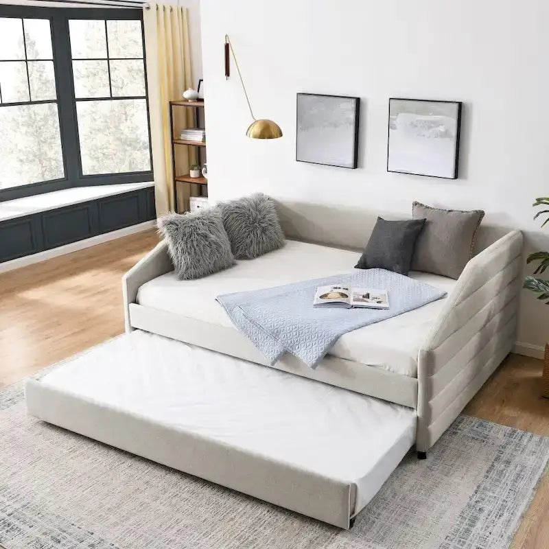 Lit de repos double avec lit gigogne, en tissu de lin capitonné