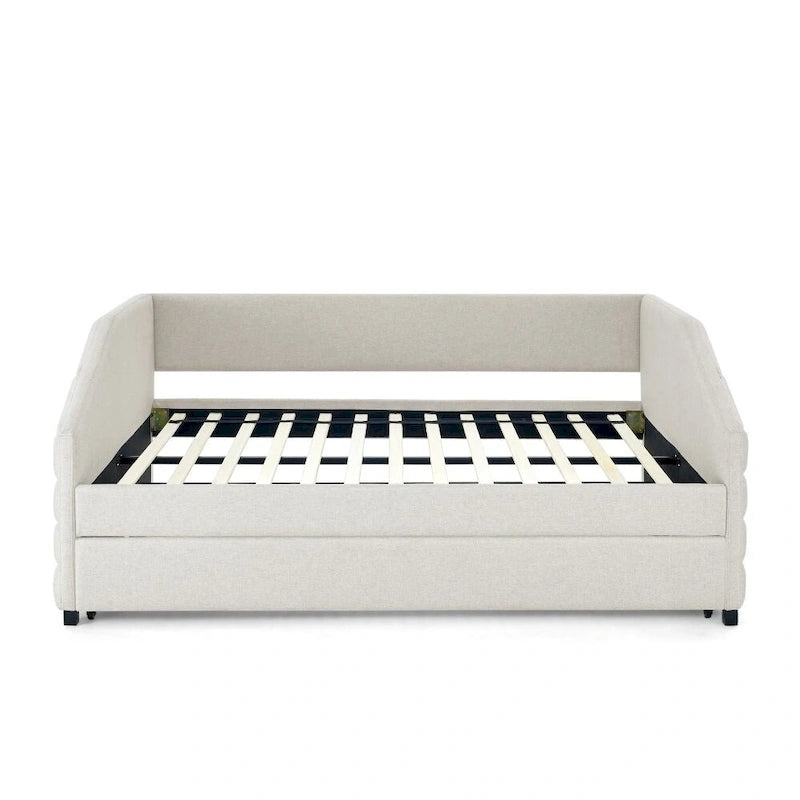 Lit de repos double avec lit gigogne, en tissu de lin capitonné