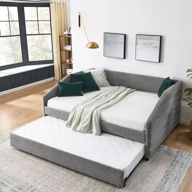 Lit de repos double avec lit gigogne, en tissu de lin capitonné