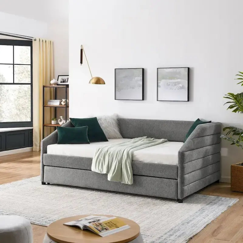 Lit de repos double avec lit gigogne, en tissu de lin capitonné