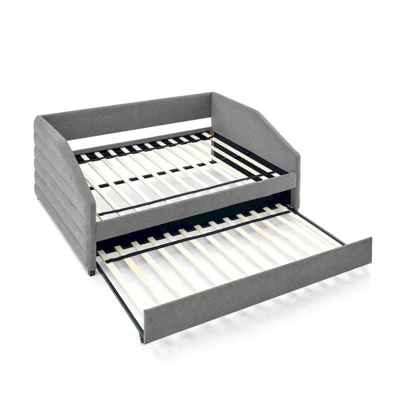 Lit de repos double avec lit gigogne, en tissu de lin capitonné
