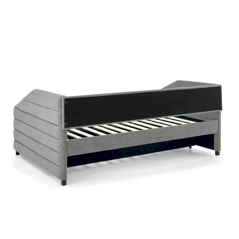 Lit de repos double avec lit gigogne, en tissu de lin capitonné
