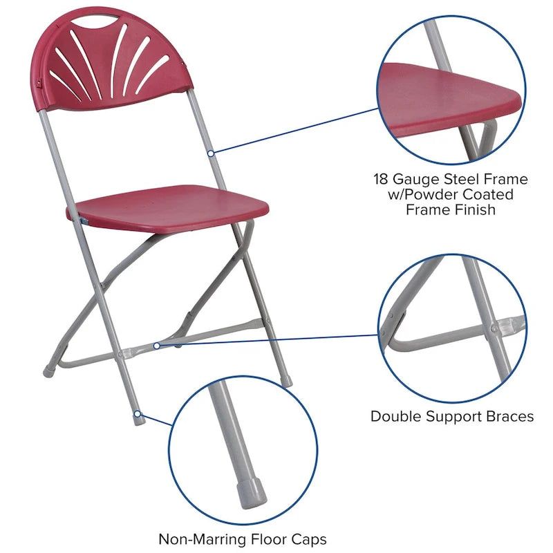 Chaise pliante en plastique dossier éventail, capacité de 295 kg