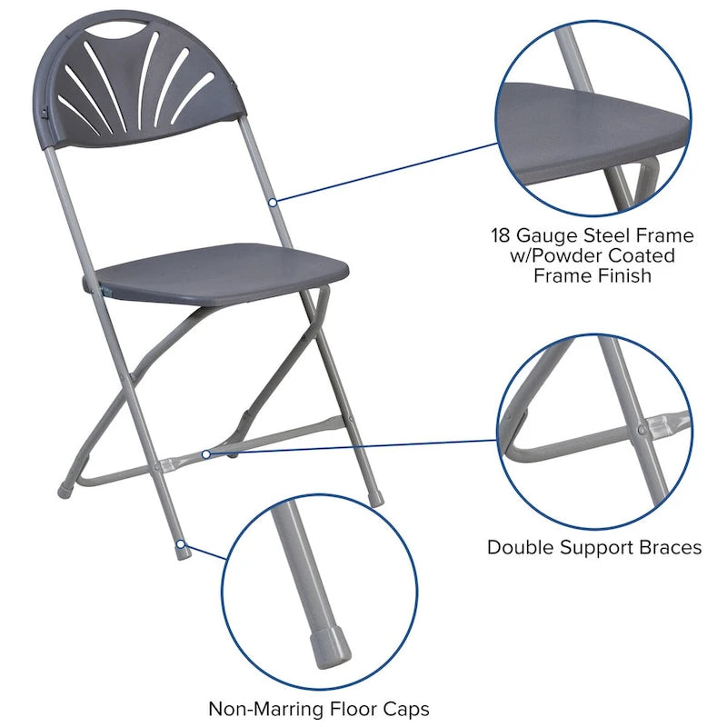 Chaise pliante en plastique dossier éventail, capacité de 295 kg
