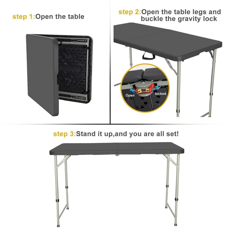 Table pliante de 4 pieds, noire, pour l'intérieur et l'extérieur, table de jeu pliante
