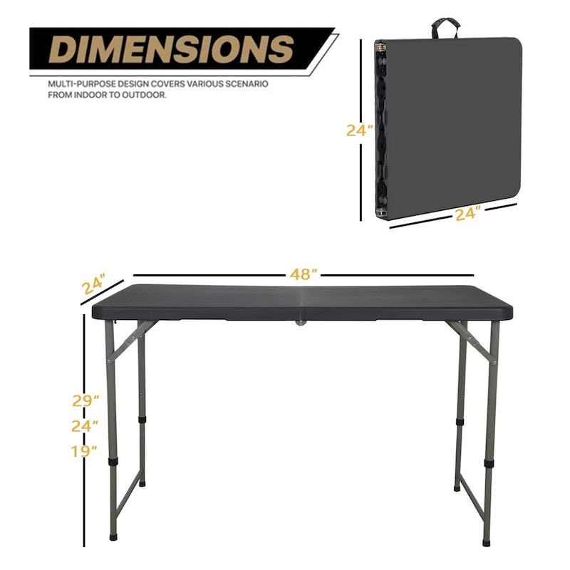 Table pliante de 4 pieds, noire, pour l'intérieur et l'extérieur, table de jeu pliante